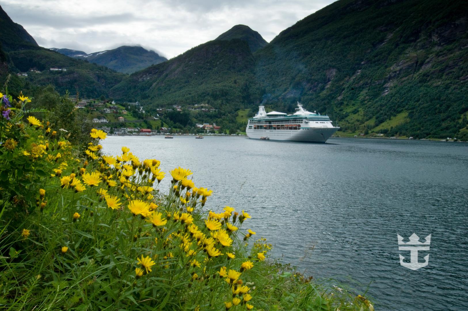 Exterior view of Vision of the Seas in Norway and yellow daisies
